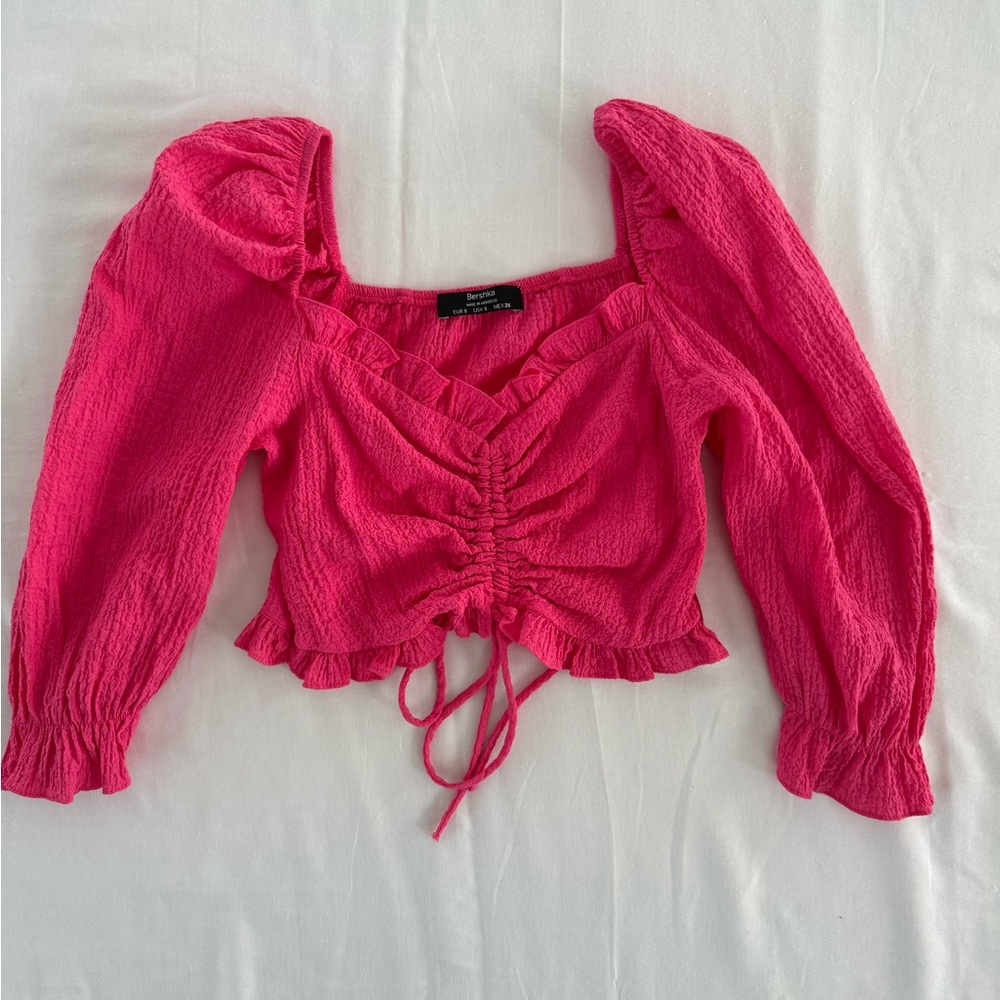 Bershka Women’s Small Ruched Front Crinkle Crop Top Pink